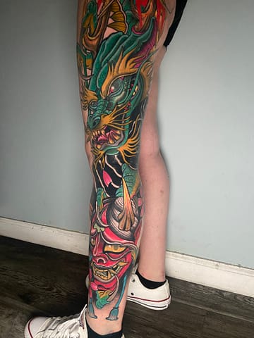 Neo-Traditional Japanese Dragon and Hannya Leg Sleeve Tattoo Neo-Traditional Japanese leg sleeve tattoo of a dragon and hannya mask, with bold lines and vibrant colors
