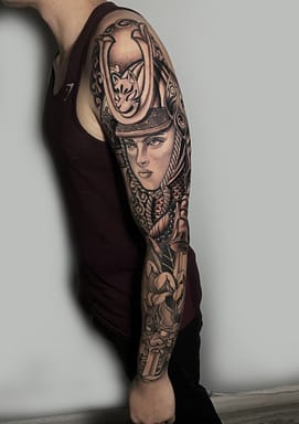 Japanese Neo-Traditional Sleeve Tattoo Japanese Neo-Traditional sleeve tattoo featuring vibrant colors and bold designs