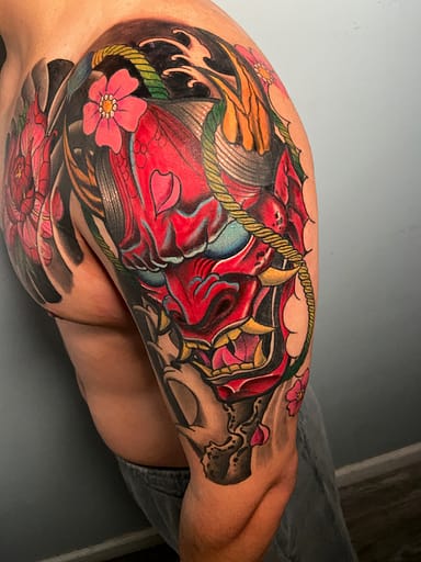 Neo-Traditional Japanese Hannya Half-Sleeve - Color Tattoo in Sacramento Colorful Hannya mask tattoo with dynamic shading and bold outlines